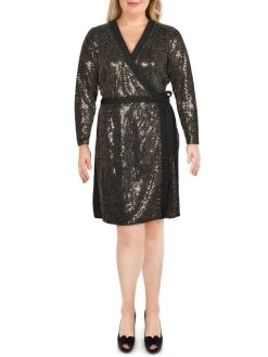 Best Sale 🥰 Leota Plus Kara 👩 Womens Sequined Cocktail Wrap 👗 Dress 🔔