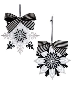 Promo ✨ Kurt Adler 5in Blk/White Snowflake W/Bow Ornament 2/ Assorted 🛒